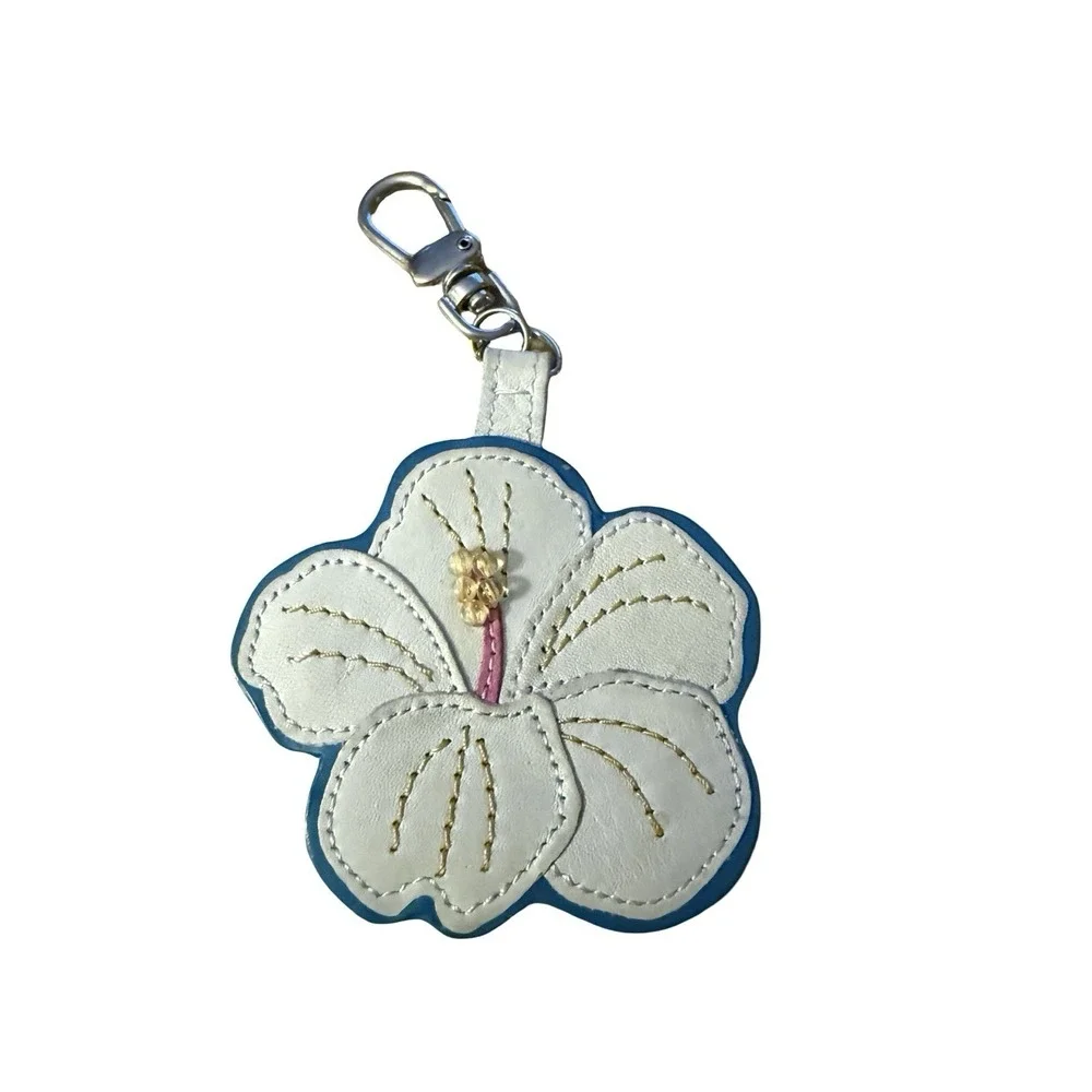 FOSSIL white blu Leather Hibiscus Flower Brass Ring Key Ring Bag Purse Charm Tag